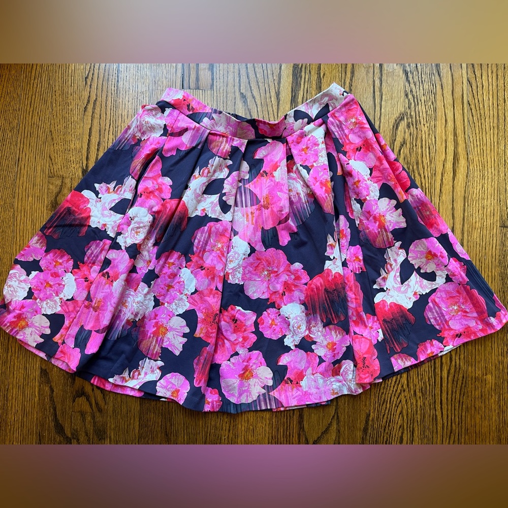 Cynthia Rowley Womens Pleated Skirt Pink Floral Watercolor A-Line Pockets Medium